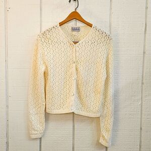 TAKE OUT Women's Vintage Cotton Knitted Long Sleeve Daisy White Cardigan Large